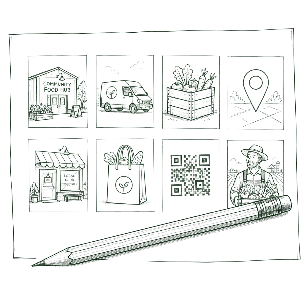 Hand-drawn pencil sketch of eight ecosystem concepts explored during the Crazy 8's exercise
