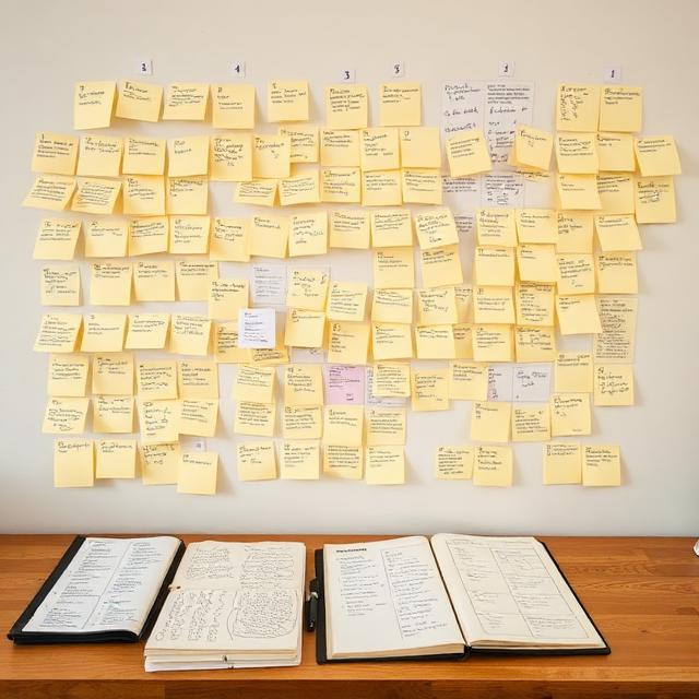Affinity mapping wall with sticky notes clustered into themes