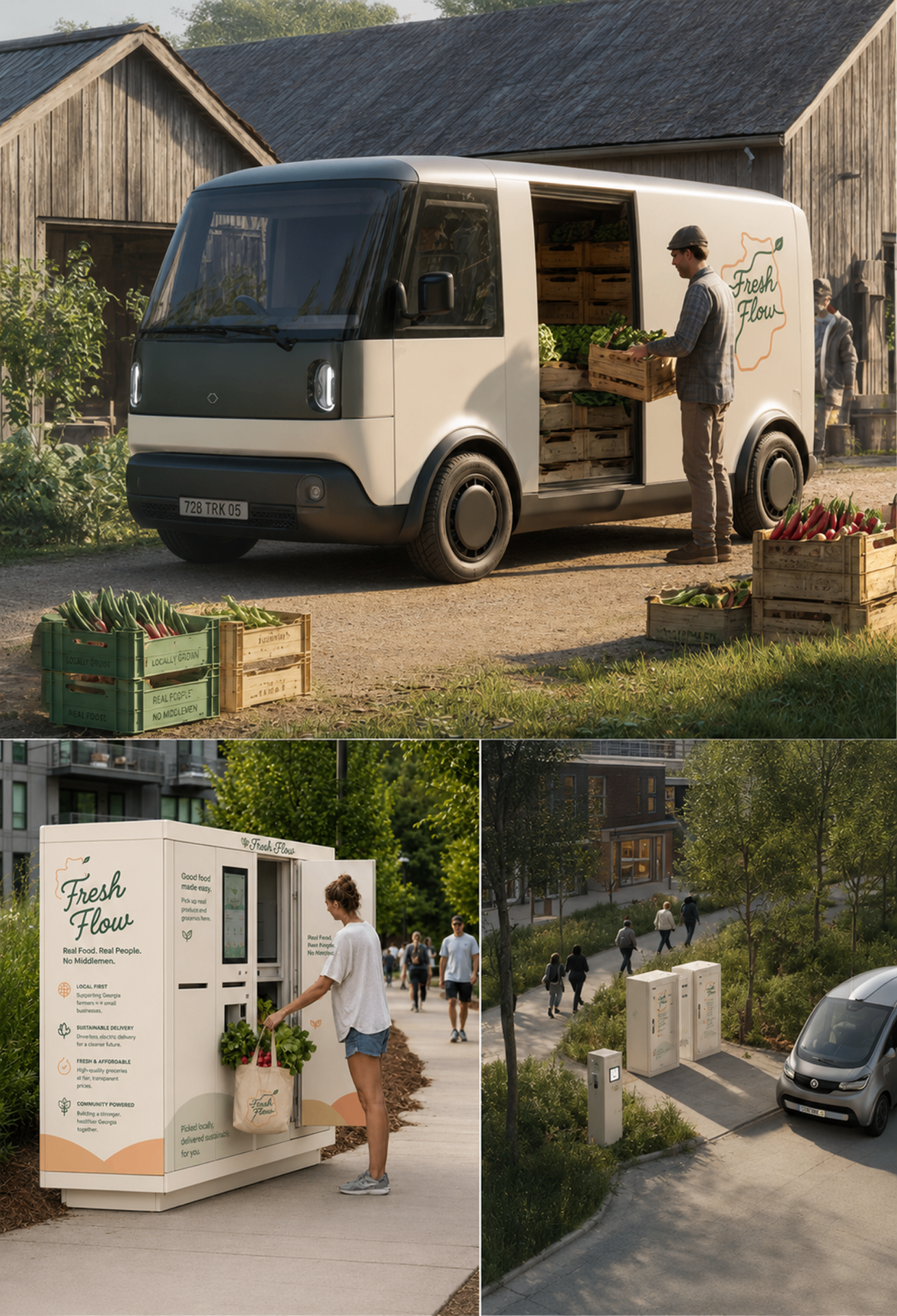Fresh Flow future vision: autonomous delivery van, smart kiosk pickup, and neighborhood infrastructure connected along the Atlanta BeltLine.