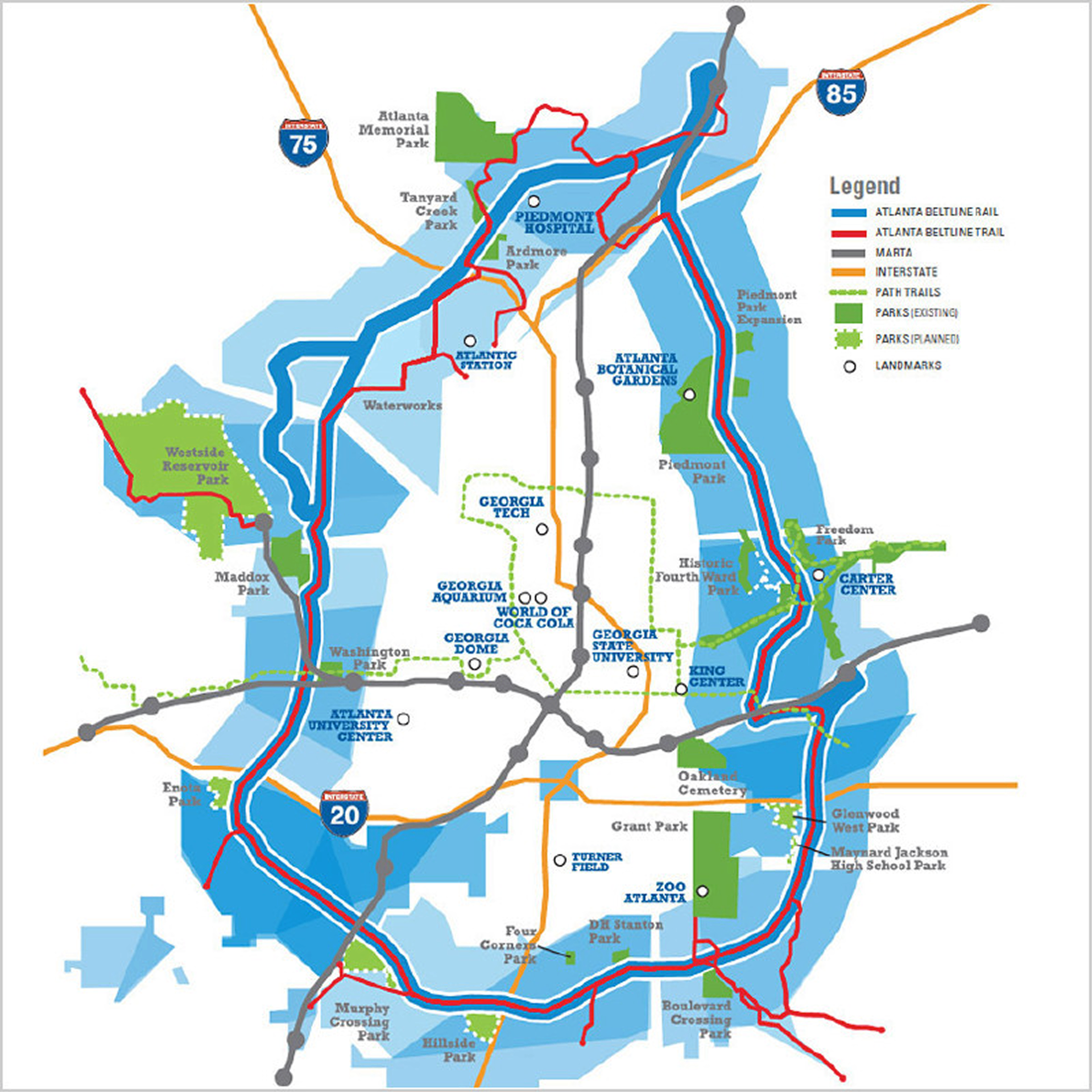Illustrated map of Atlanta showing the BeltLine loop and pilot hub locations