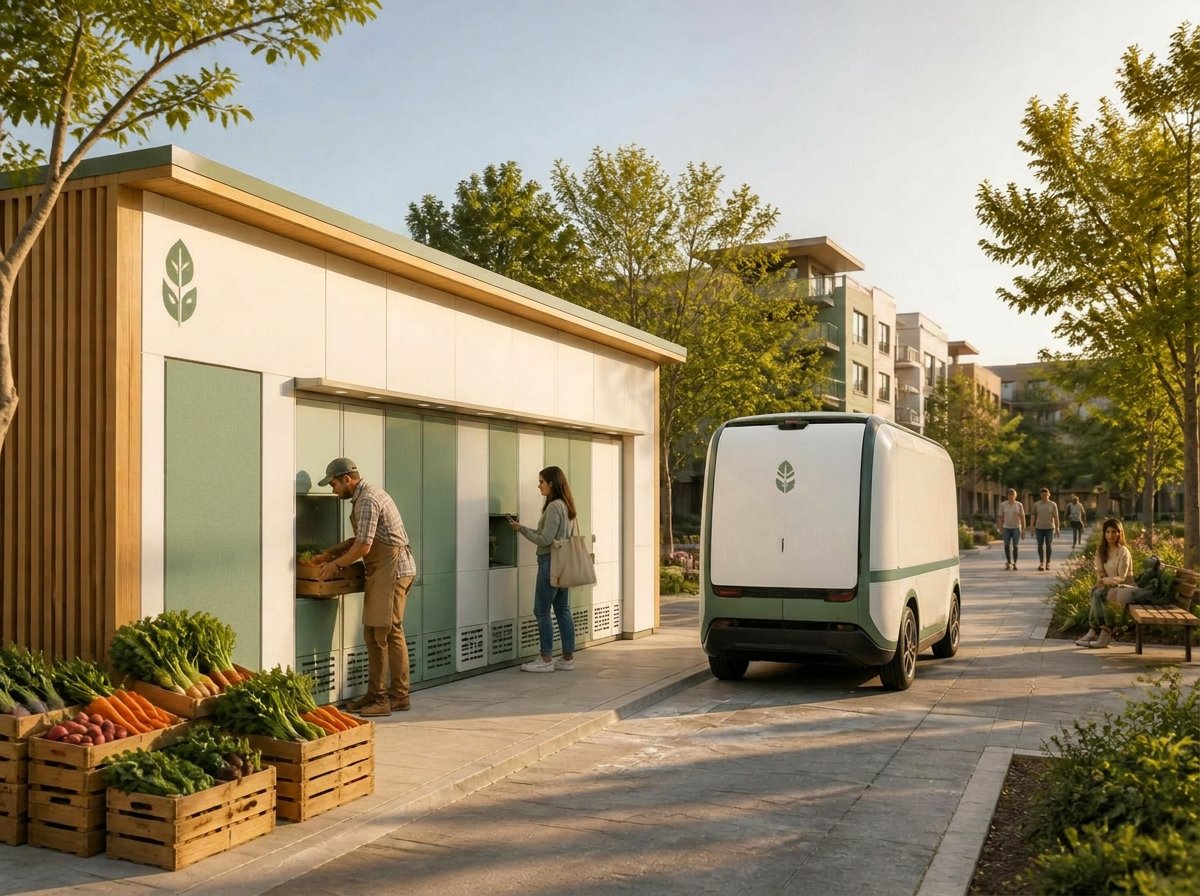 Architectural concept rendering of a Fresh Flow neighborhood pickup hub: Scandinavian-inspired refrigerated locker structure with a farmer restocking produce, a customer retrieving groceries via mobile phone, an autonomous electric delivery van, and neighbors walking through the landscaped public space.