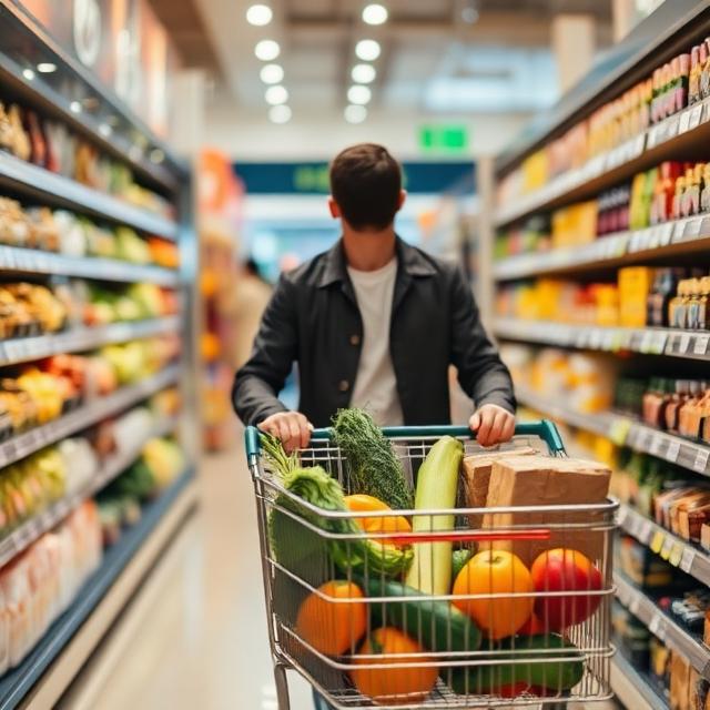 Person shopping for groceries in a supermarket aisle